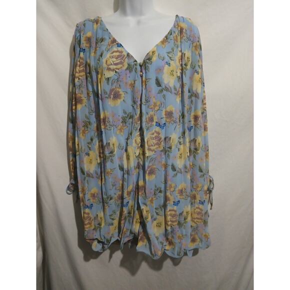NWT Endless Rose Size M Long Sleeve Blue Floral Pleated Shift Romper - Picture 1 of 10